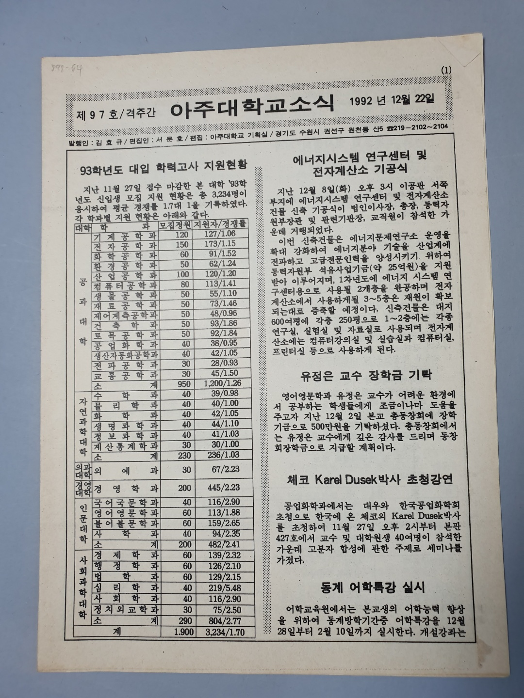 898 1992 제97호 아주대학교 소식지